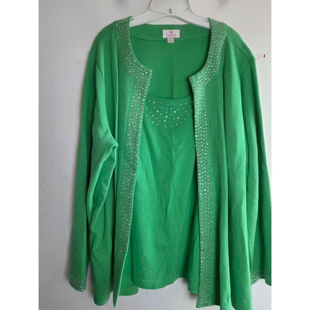 Quacker Factory Green w/Silver Stud Detail 100% Cotton 1 Piece Cardigan/Top 3X